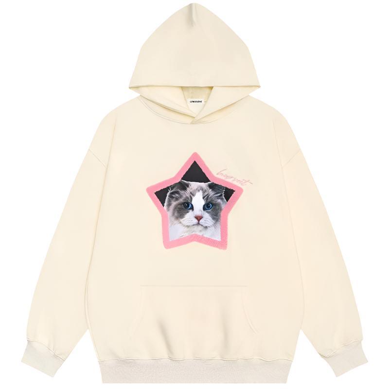 Tntwear Cute Hoodie Flocked Star Cat - tntwear1