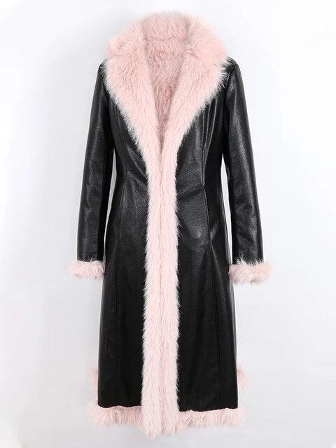 Nerazzurri Winter Long Black Fitted Thick Warm Pu Leather Coat Women with Pink Hairy Shaggy Fluffy Faux Fur Inside Runway Parka - tntwear1