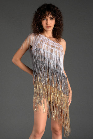 Banouli One Shoulder Fringe Glitter Dress