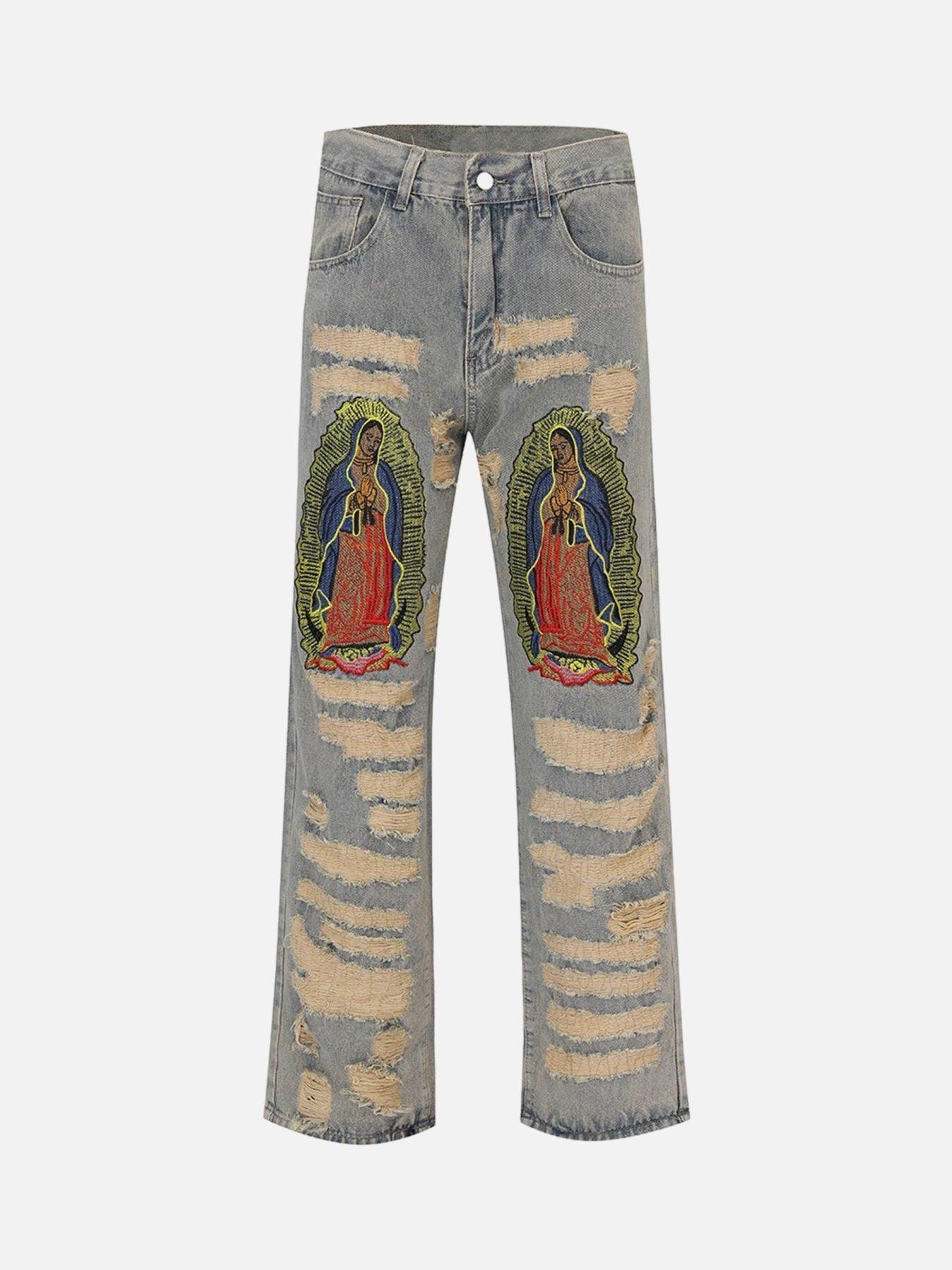 1984 American Street Style Ripped Embroidered Jeans - 1617 - tntwear1