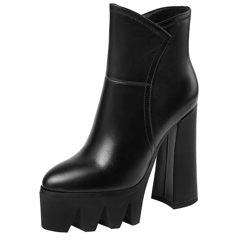 Women's Short Boots High Heels Leather Thick Heel Platform Platform Boots Autumn and Winter New Boots - tntwear1