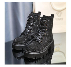 Leather Full Rhinestone Round Toe Thick Bottom Thick Heel Increased Side Zipper Lace-up Martin Boots - tntwear1