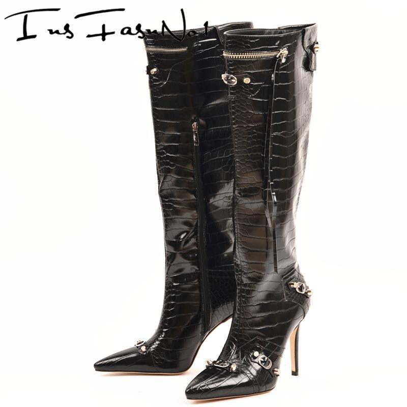 Designer Women Boots Spike High Heel Rivet Punk Motorcycle Botas Slim Tassel Black Knee Boots Buckles Zipper Decor Pointy Boots - tntwear1