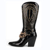 New Punk style western cowboy boots Women's Shoes Thick heel tip Rivet belt buckle Black Patent leather Plus Size - tntwear1