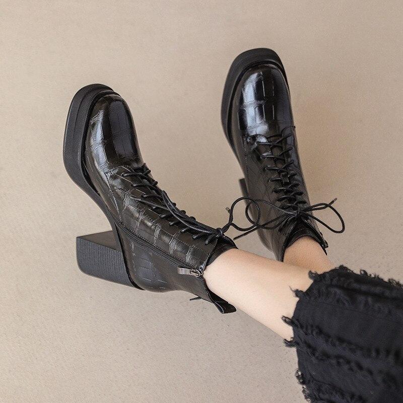 Women Ankle Boots Retro Fashion Office Ladies Chunk Platforms Thick High Heels Genuine Leather Shoes Autumn Winter - tntwear1