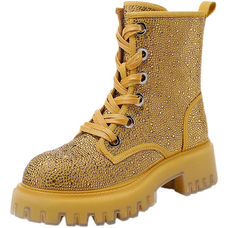 Leather Full Rhinestone Round Toe Thick Bottom Thick Heel Increased Side Zipper Lace-up Martin Boots - tntwear1