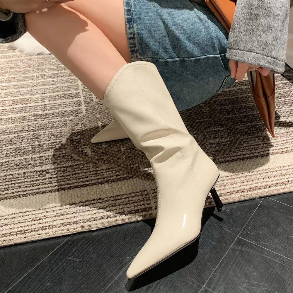 Fashion Western Women Mid-Calf Boots Pointed Toe Thin High Heels - tntwear1