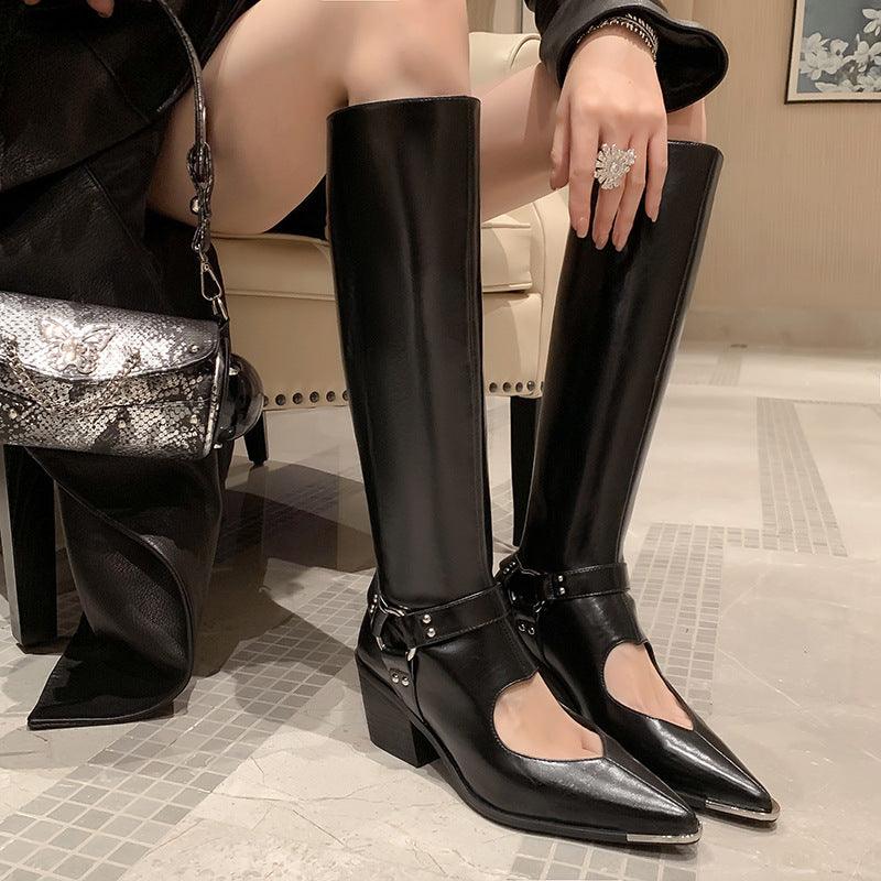 Genuine Leather Shoes Woman Knee HIgh Boots Spring Autumn Pointed Toe CHunky Heels Black Silver Dress Party Casual Shoes - tntwear1