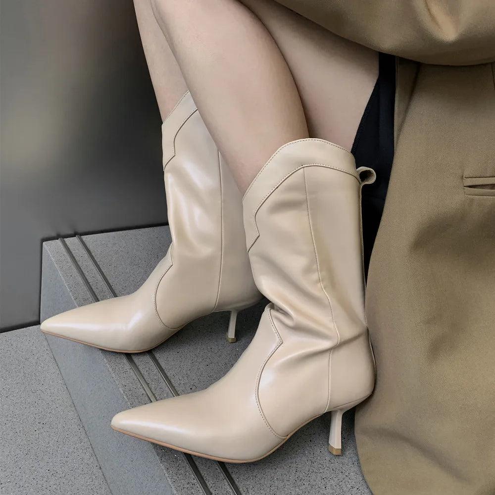 Women Mid-Calf Boots Pointed Toe Thin High Heels Mature Western Boots Autumn Winter Office Lady - tntwear1