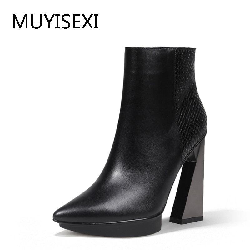 Women Boots Genuine Leather Pointed Toe 11cm High Heels Brand Designer Women Shoes - tntwear1