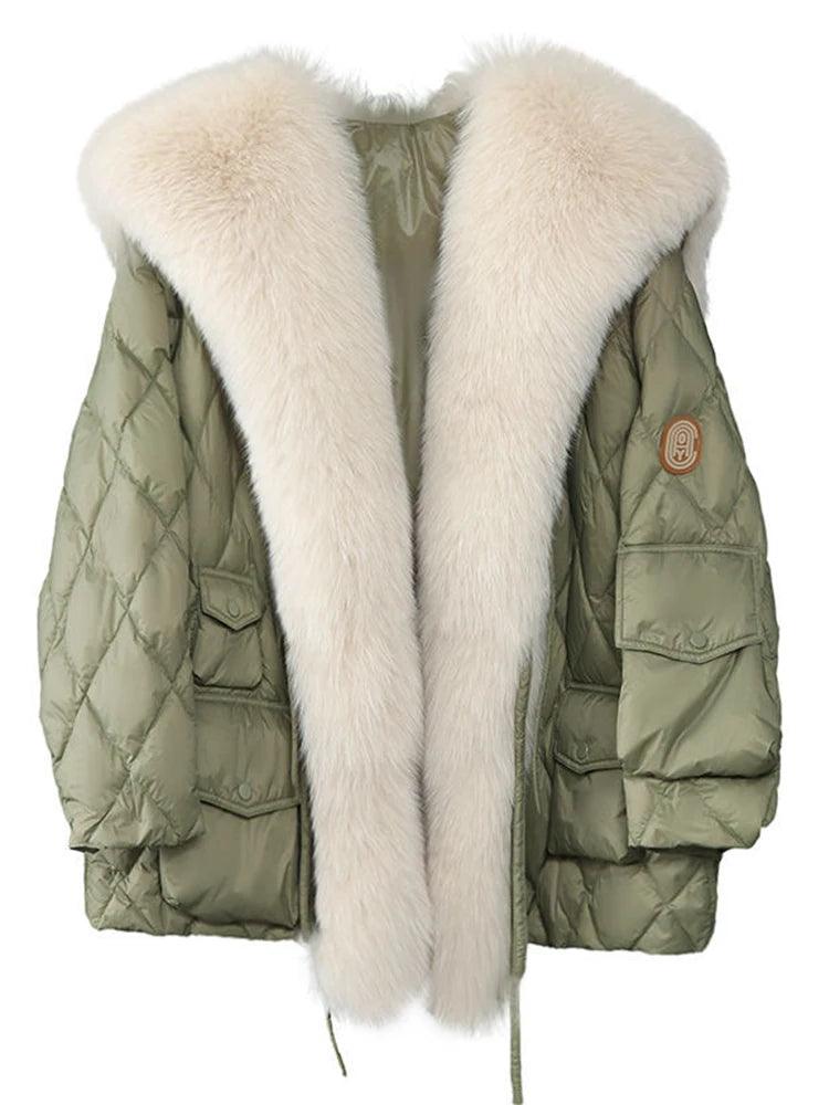 Winter Duck Down Jacket Bat Sleeve Women Oversized Coat Fluffy Faux Fur Warm Parkas - tntwear1