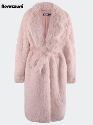 Nerazzurri Winter Long Oversized Pink Hairy Thick Warm Soft Faux Fur Coat Women Sashes High Quality Loose Casual Furry Overcoat - tntwear1