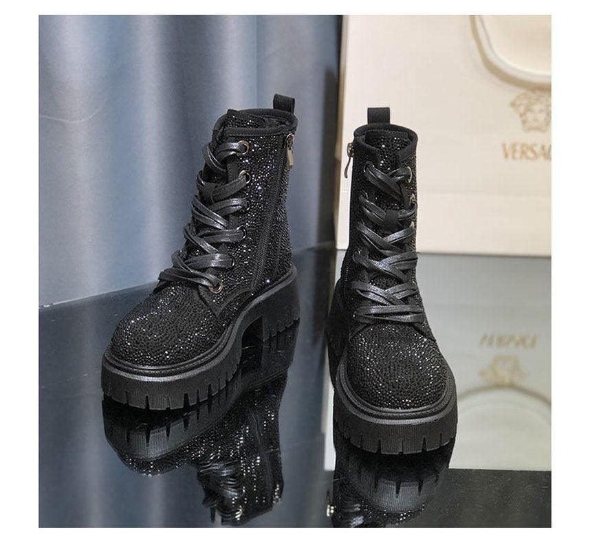 Leather Full Rhinestone Round Toe Thick Bottom Thick Heel Increased Side Zipper Lace-up Martin Boots - tntwear1