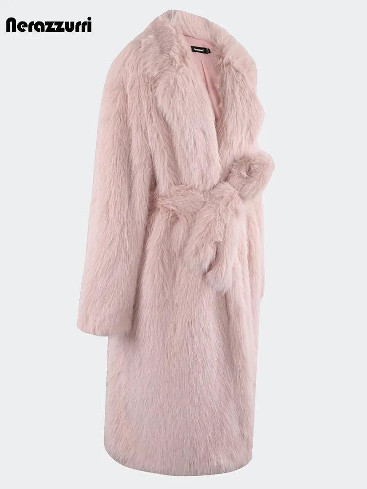 Nerazzurri Winter Long Oversized Pink Hairy Thick Warm Soft Faux Fur Coat Women Sashes High Quality Loose Casual Furry Overcoat - tntwear1