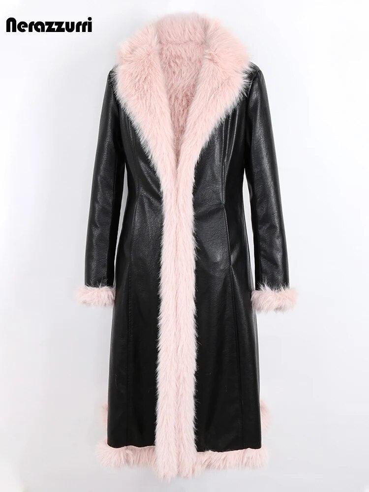 Nerazzurri Winter Long Black Fitted Thick Warm Pu Leather Coat Women with Pink Hairy Shaggy Fluffy Faux Fur Inside Runway Parka - tntwear1