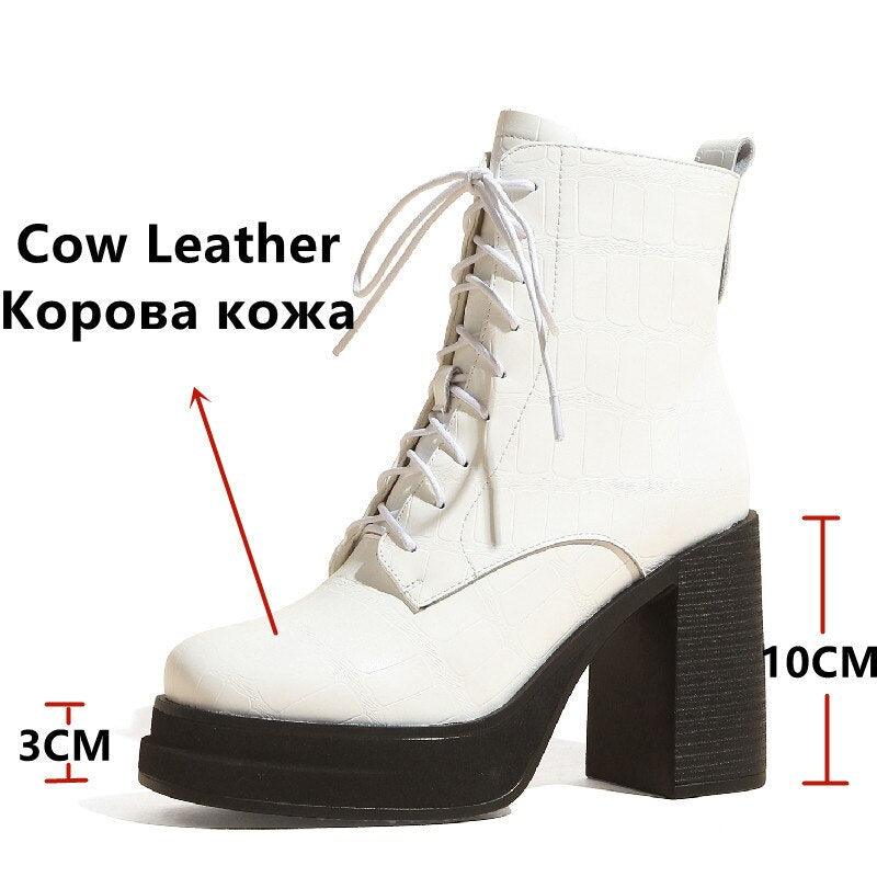 Women Ankle Boots Retro Fashion Office Ladies Chunk Platforms Thick High Heels Genuine Leather Shoes Autumn Winter - tntwear1