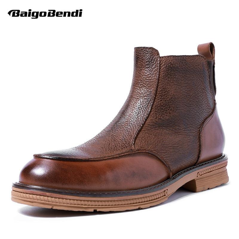 Hight End Boots Men Winter Shoes Full Grain Leather Chelsea Boots Business Man Elegant Zip Ankle Boots Retro - tntwear1