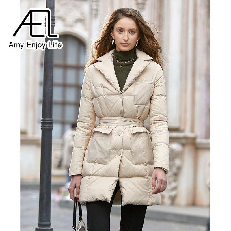 Medium Length Temperament Slim Down Jacket Women's New Suit Collar Waist Cotton Jacket - tntwear1