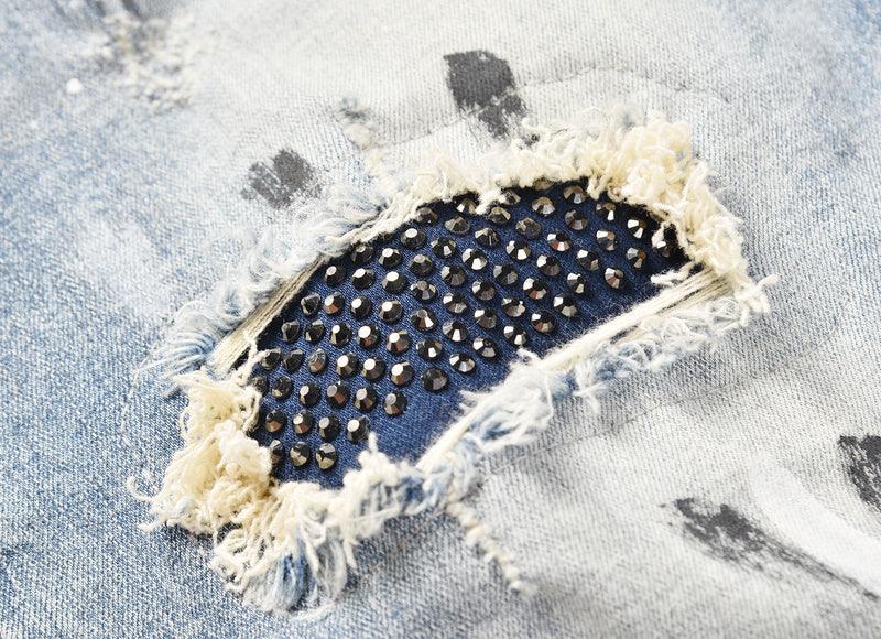 Studded Patch Denim - Washed Indigo - tntwear1