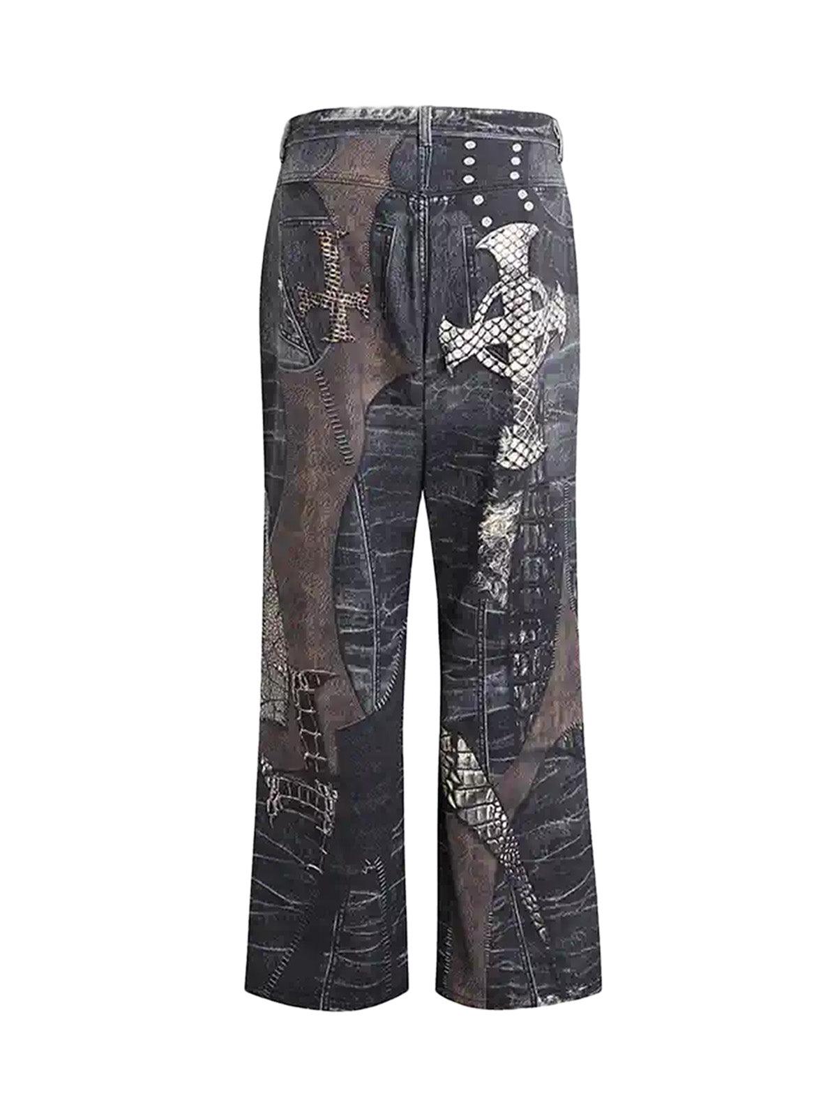 Tntwear Full Cross Stitching Leather Flare Jeans - tntwear1