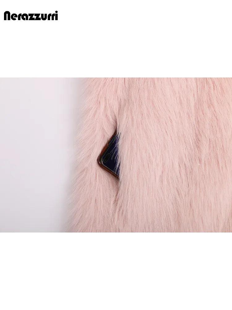 Nerazzurri Winter Long Oversized Pink Hairy Thick Warm Soft Faux Fur Coat Women Sashes High Quality Loose Casual Furry Overcoat - tntwear1