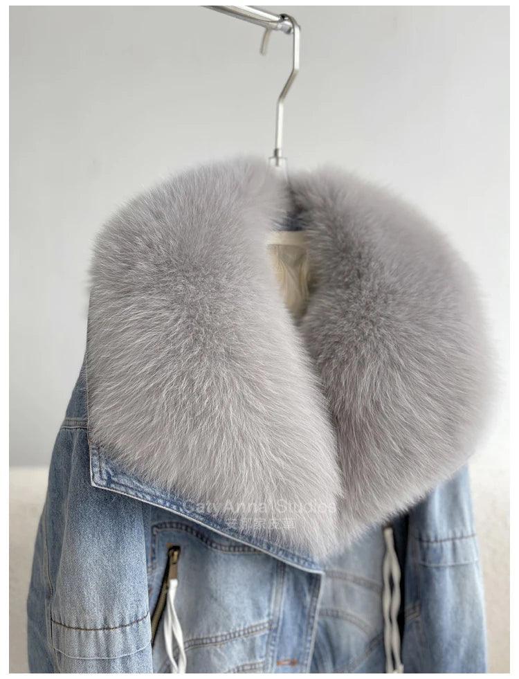 European Winter New Fox Fur Big Fur Collar Denim Down Jacket Short Casual White Goose Down Warm Jacket Women Parka - tntwear1