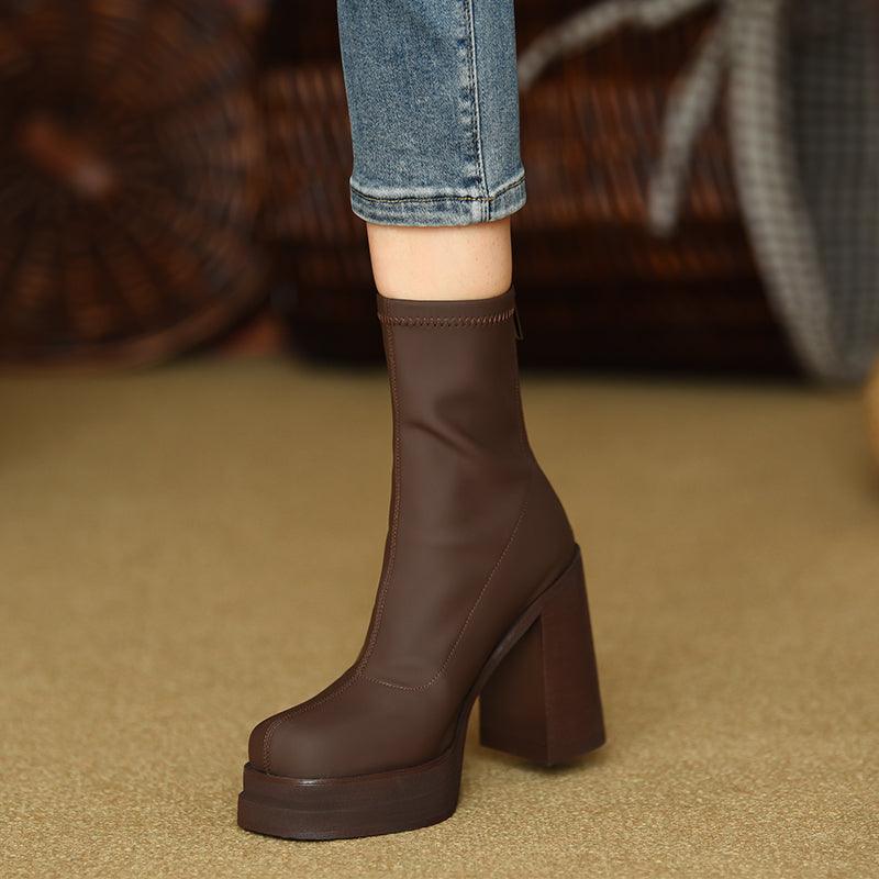 Elastic Slim Boots Thick Heel Short Boots Women's New High Heel Shoes Autumn Winter Thick Sole Square Head Women's Boots - tntwear1