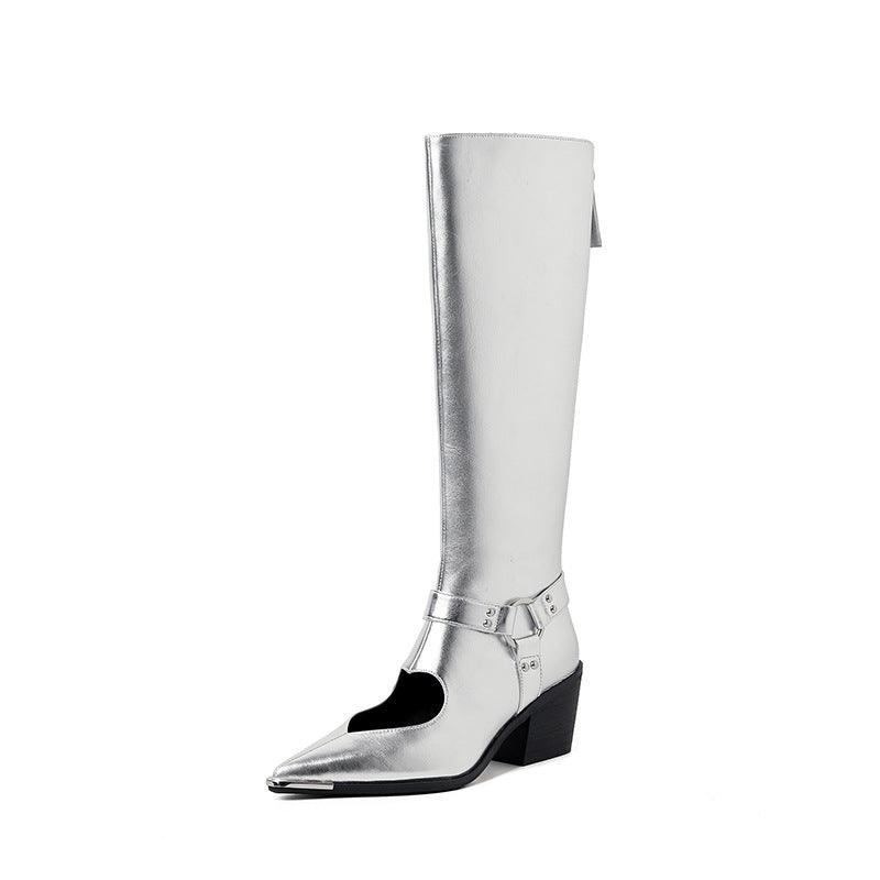 Genuine Leather Shoes Woman Knee HIgh Boots Spring Autumn Pointed Toe CHunky Heels Black Silver Dress Party Casual Shoes - tntwear1