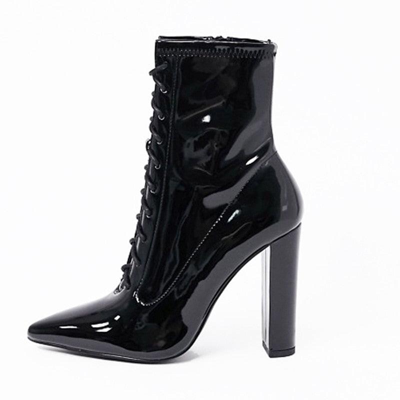 Black Patent Leather Pointed Toe Thick High Heel Short Boots Lace Up Side Zipper Large Ankle Boots Winter New Style - tntwear1