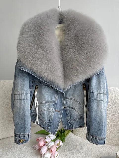 European Winter New Fox Fur Big Fur Collar Denim Down Jacket Short Casual White Goose Down Warm Jacket Women Parka - tntwear1