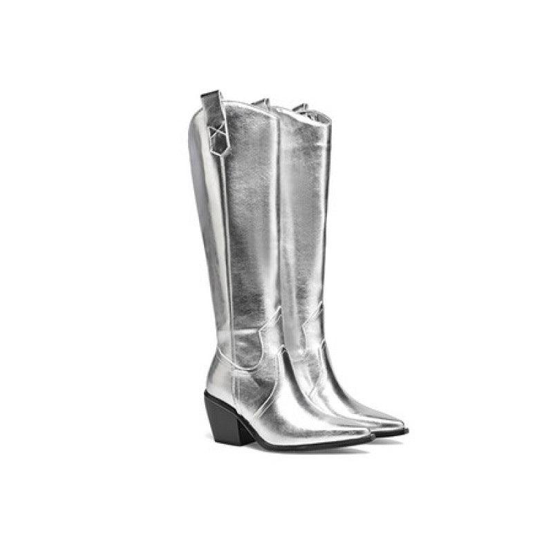 Fashion Autumn Winter Warm Shoes Chunky High Heels Pointed Toe Silver Dress Party Knee HIgh Boots - tntwear1