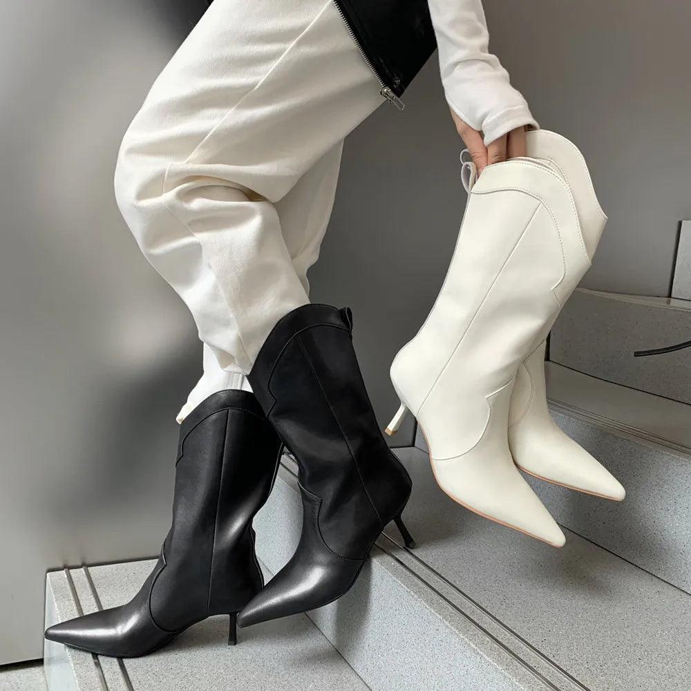 Women Mid-Calf Boots Pointed Toe Thin High Heels Mature Western Boots Autumn Winter Office Lady - tntwear1