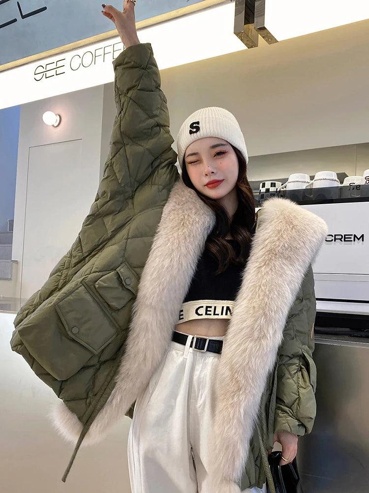 Winter Duck Down Jacket Bat Sleeve Women Oversized Coat Fluffy Faux Fur Warm Parkas - tntwear1