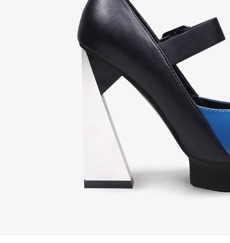 New Platform Women Shallow Pumps Pointed Toe Blue Mixed Black Leather High Heels Chic Mary Jeans Strap Party Stilettos - tntwear1