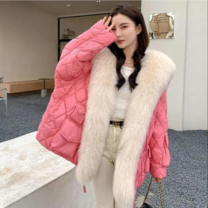 Winter Duck Down Jacket Bat Sleeve Women Oversized Coat Fluffy Faux Fur Warm Parkas - tntwear1