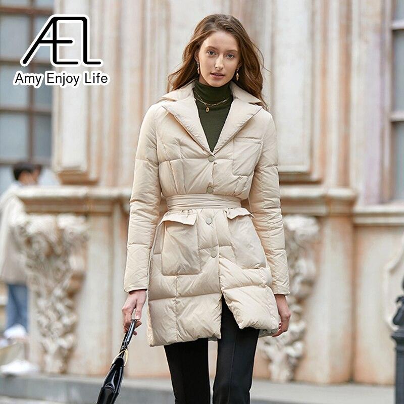 Medium Length Temperament Slim Down Jacket Women's New Suit Collar Waist Cotton Jacket - tntwear1