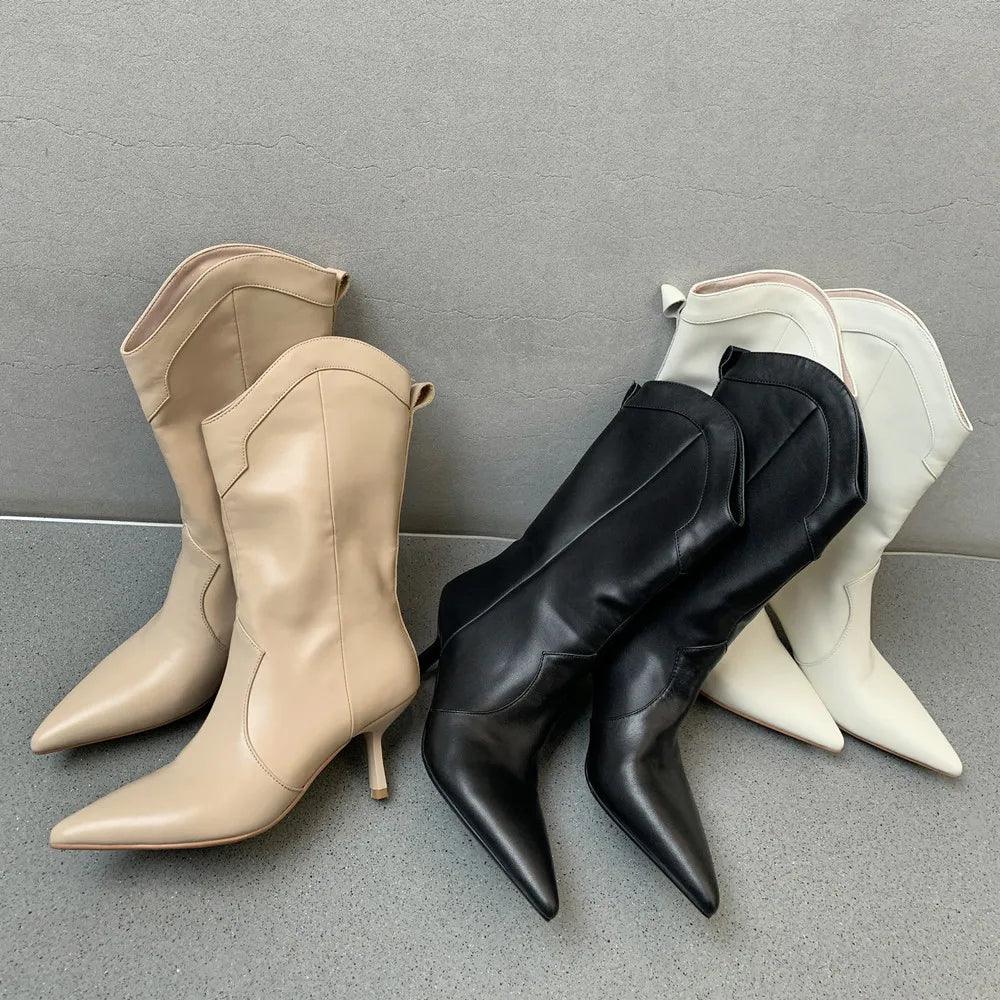 Women Mid-Calf Boots Pointed Toe Thin High Heels Mature Western Boots Autumn Winter Office Lady - tntwear1