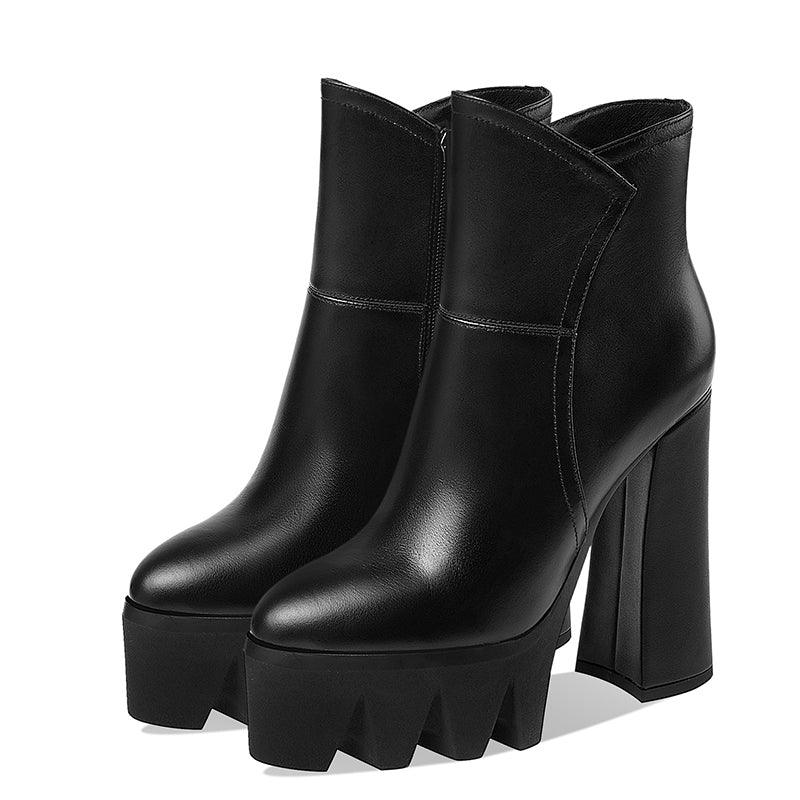 Women's Short Boots High Heels Leather Thick Heel Platform Platform Boots Autumn and Winter New Boots - tntwear1