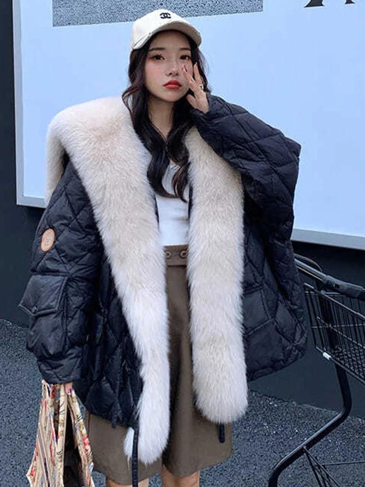 Winter Duck Down Jacket Bat Sleeve Women Oversized Coat Fluffy Faux Fur Warm Parkas - tntwear1