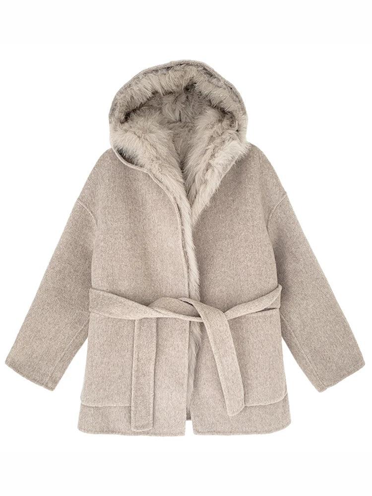 Fashion Women's Fox Fur Grass Inner Bladder Wool Coat Hooded Loose Sashes Solid Color Overcoat Winter - tntwear1