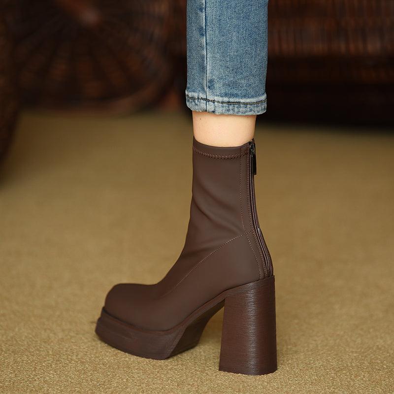 Elastic Slim Boots Thick Heel Short Boots Women's New High Heel Shoes Autumn Winter Thick Sole Square Head Women's Boots - tntwear1