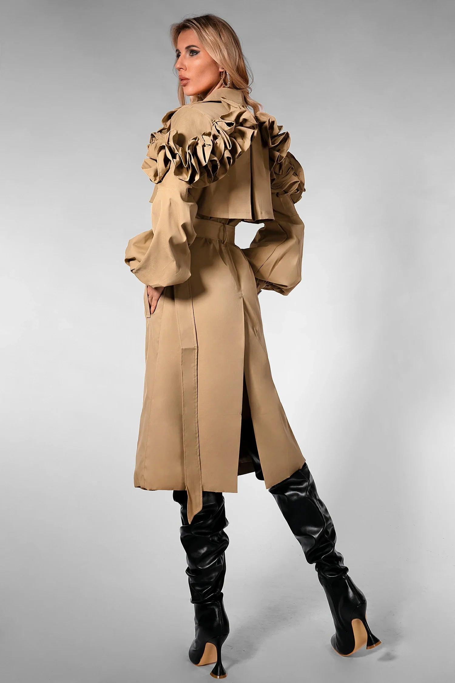 Daisia Ruffle Belted  Rrench Coat