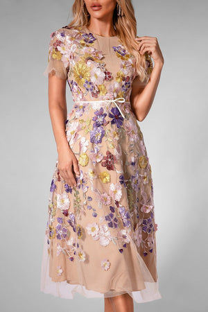 Olaya 3D Floral Belt Midi Dress