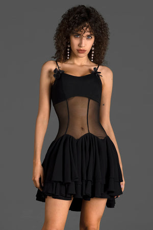 Zaneta Spaghetti Sheer Ruffle Mini Dress In Black