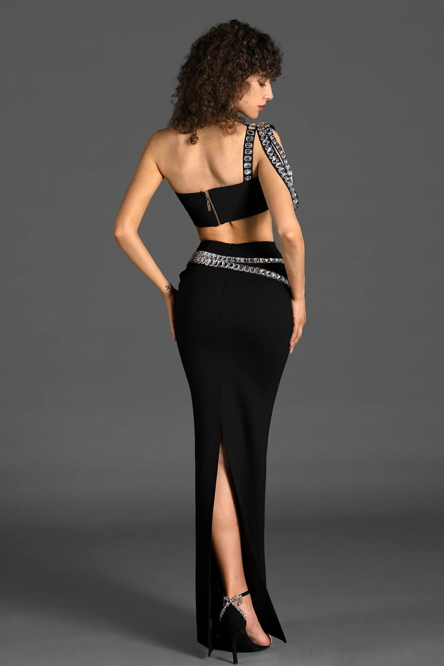 Vaelora One Shoulder Drape Crystal 2 Piece Set