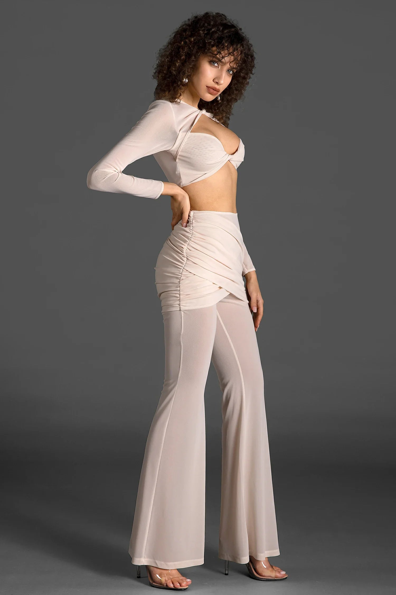 Vassidi Long Sleeve Pleat Twisted Mesh Set In White