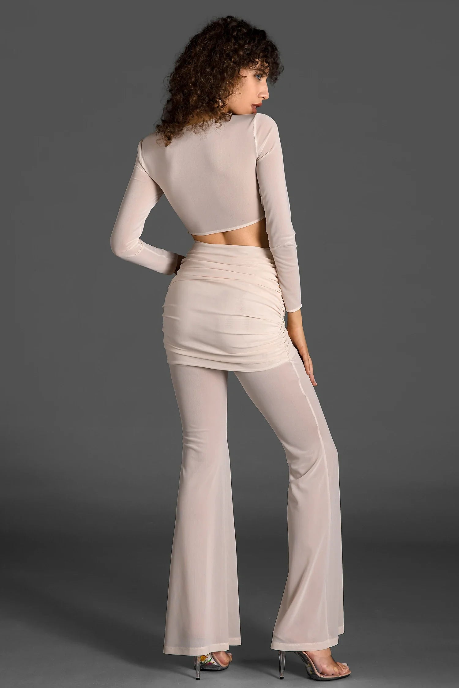 Vassidi Long Sleeve Pleat Twisted Mesh Set In White