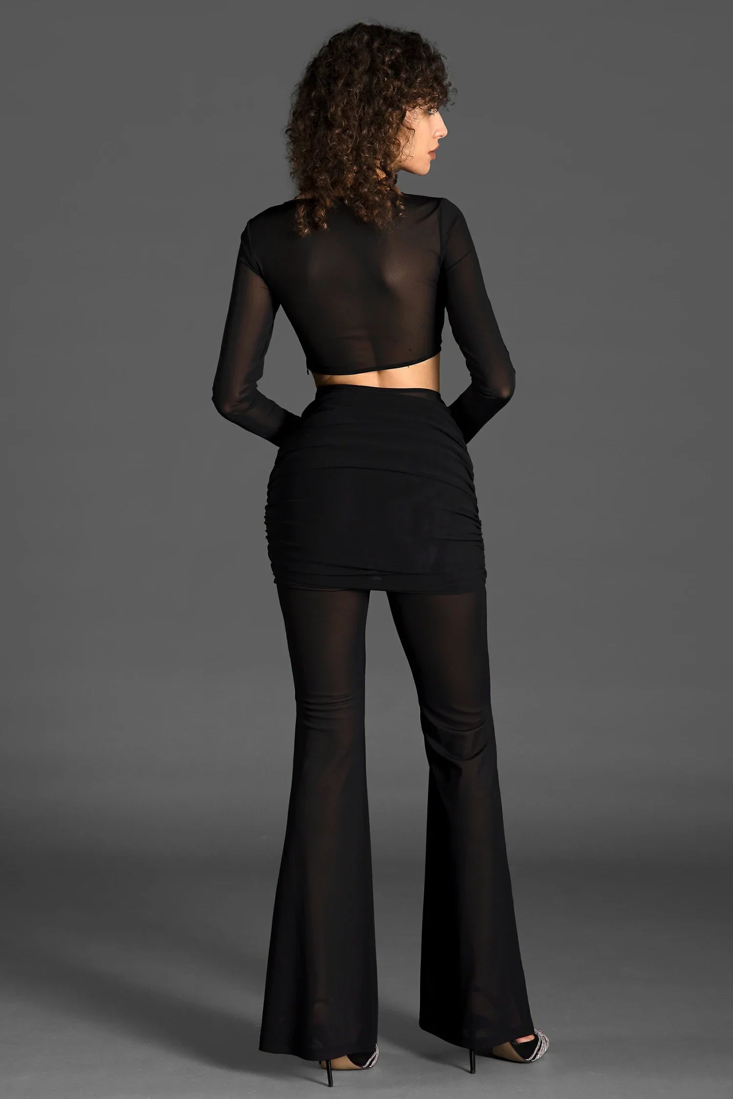 Zelma Long Sleeve Pleat Twisted Mesh Set In Black