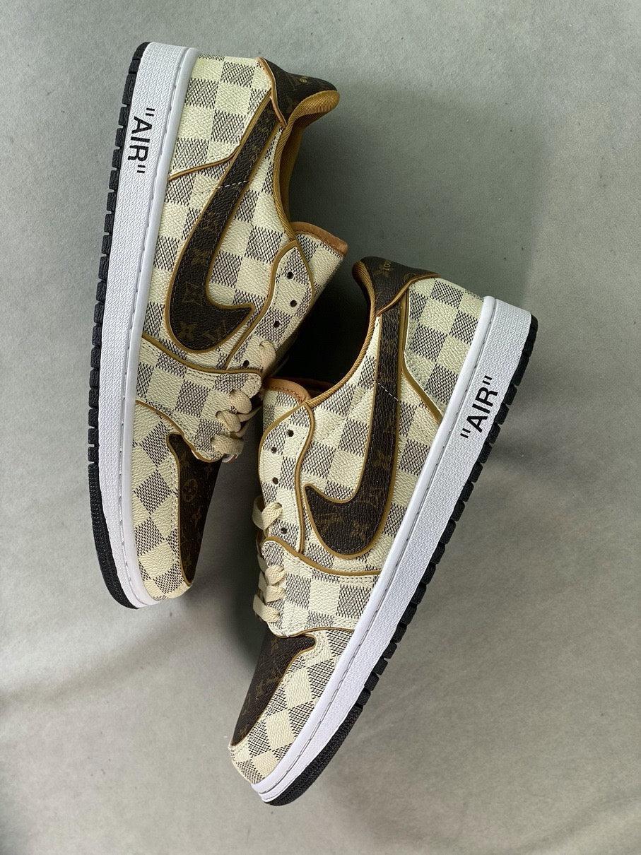 Custom Air Jordan 1 Low Damier Azur Brown LV Monogram - tntwear1