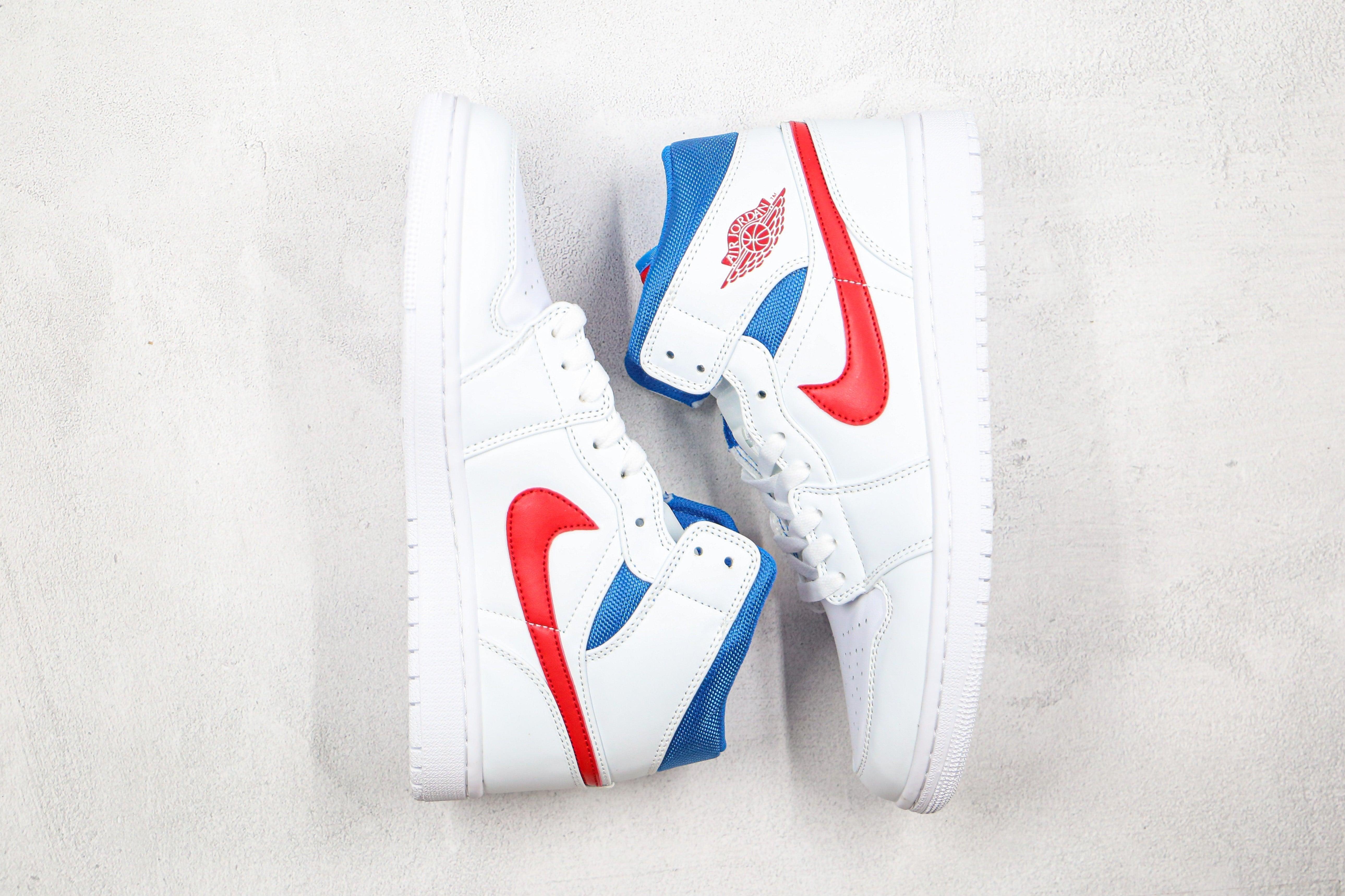 Custom Air Jordan 1 Mid White Blue Red BQ6472-164 - tntwear1